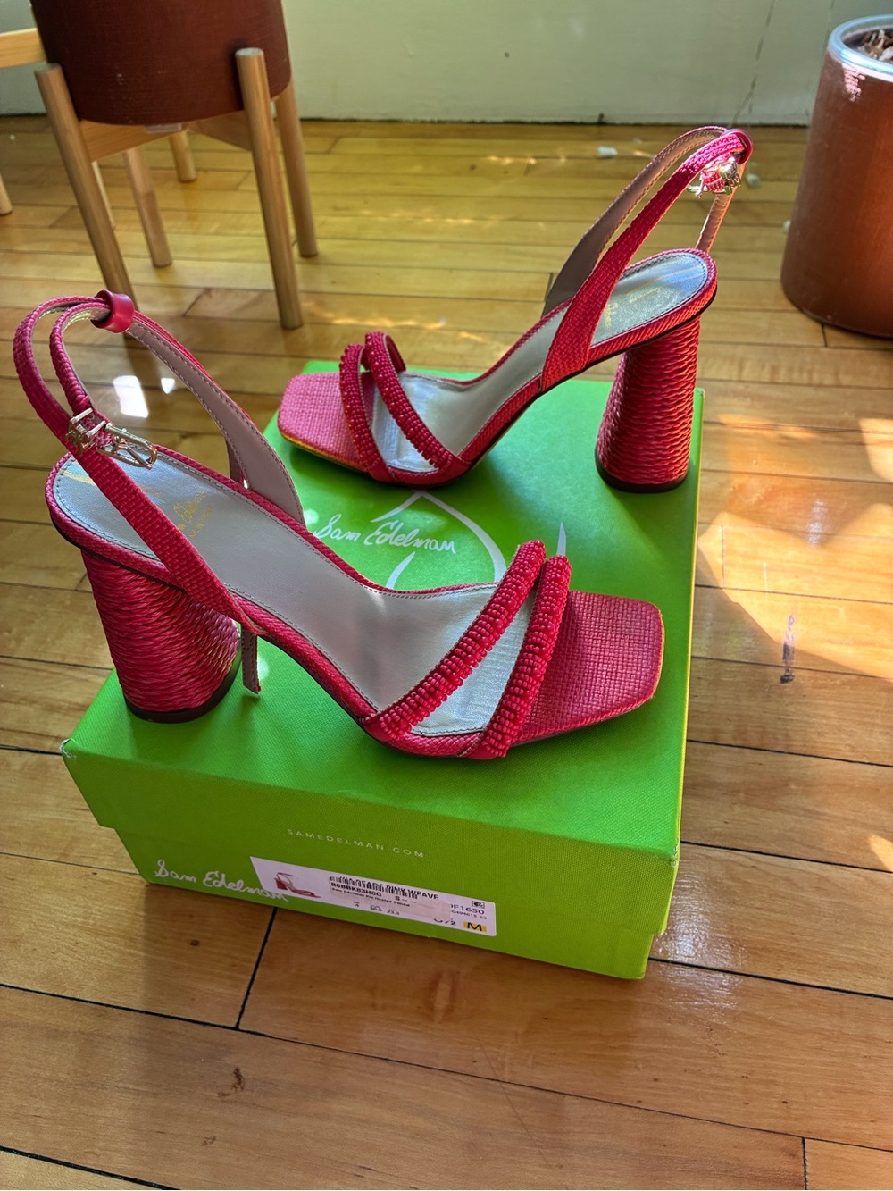 Sam Edelman Hot Pink Raffia Slingback Block Heels